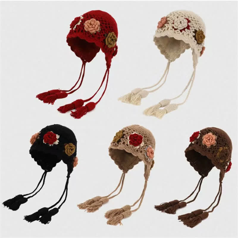 Buddha Stones Gorro de mujer de ganchillo con borlas y orejeras, estampado floral, ideal para otoño e invierno. - image 6