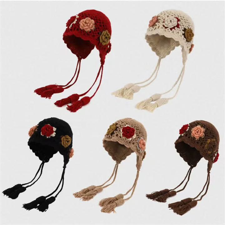 Buddha Stones Gorro de mujer de ganchillo con borlas y orejeras, estampado floral, ideal para otoño e invierno. - image 6