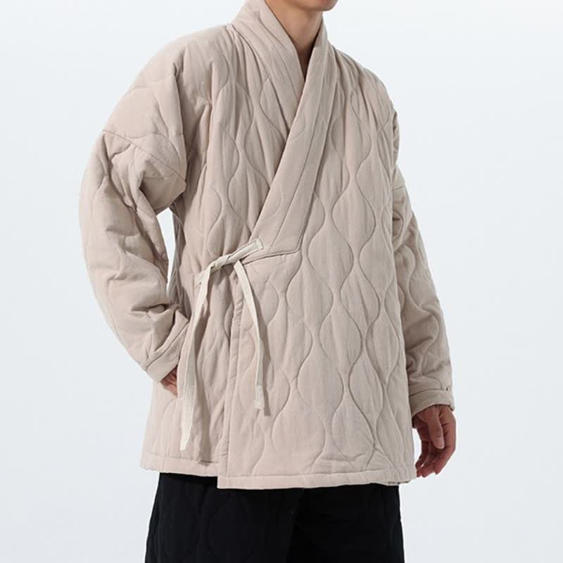Buddha Stones Kimono de hombre de algodón liso acolchado con cordón ajustable, estilo Tang, para otoño/invierno, con bolsillos. - image 32