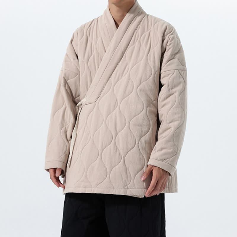Buddha Stones Kimono de hombre de algodón liso acolchado con cordón ajustable, estilo Tang, para otoño/invierno, con bolsillos. - image 29