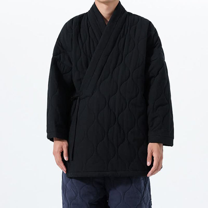 Buddha Stones Kimono de hombre de algodón liso acolchado con cordón ajustable, estilo Tang, para otoño/invierno, con bolsillos. - image 23