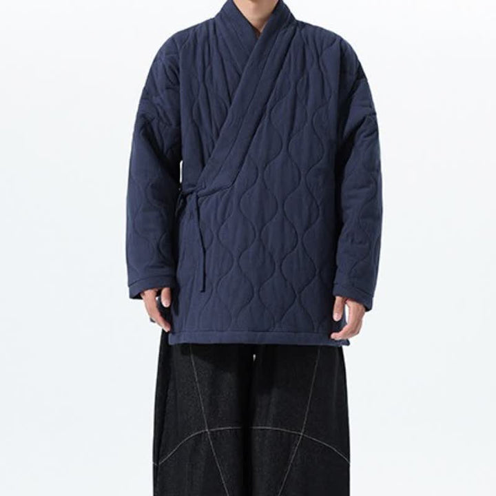 Buddha Stones Kimono de hombre de algodón liso acolchado con cordón ajustable, estilo Tang, para otoño/invierno, con bolsillos. - image 6