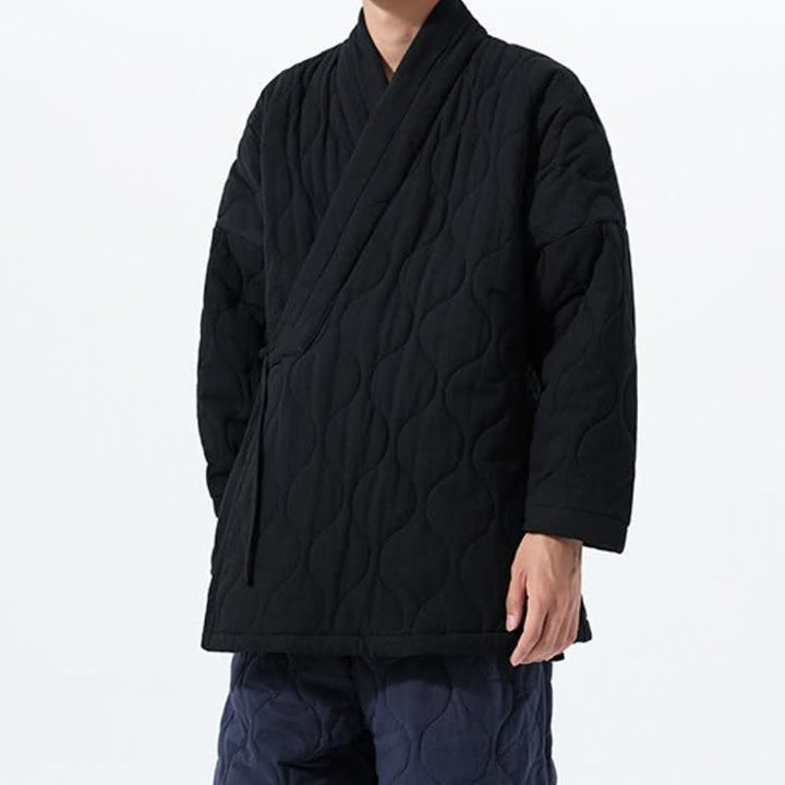 Buddha Stones Kimono de hombre de algodón liso acolchado con cordón ajustable, estilo Tang, para otoño/invierno, con bolsillos. - image 25