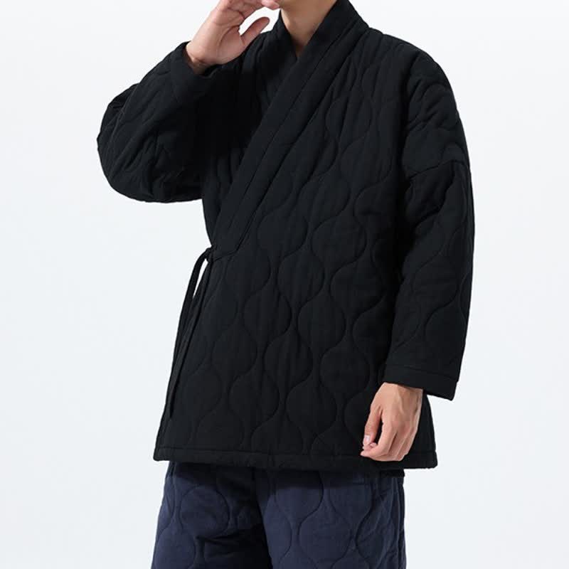 Buddha Stones Kimono de hombre de algodón liso acolchado con cordón ajustable, estilo Tang, para otoño/invierno, con bolsillos. - image 21