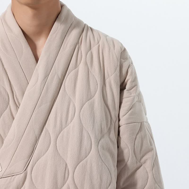 Buddha Stones Kimono de hombre de algodón liso acolchado con cordón ajustable, estilo Tang, para otoño/invierno, con bolsillos. - image 37
