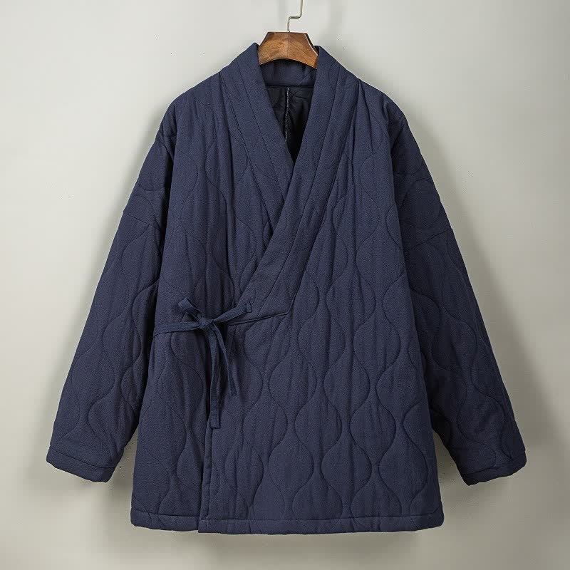 Buddha Stones Kimono de hombre de algodón liso acolchado con cordón ajustable, estilo Tang, para otoño/invierno, con bolsillos. - image 8