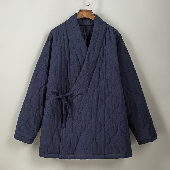 Buddha Stones Kimono de hombre de algodón liso acolchado con cordón ajustable, estilo Tang, para otoño/invierno, con bolsillos. - image 8