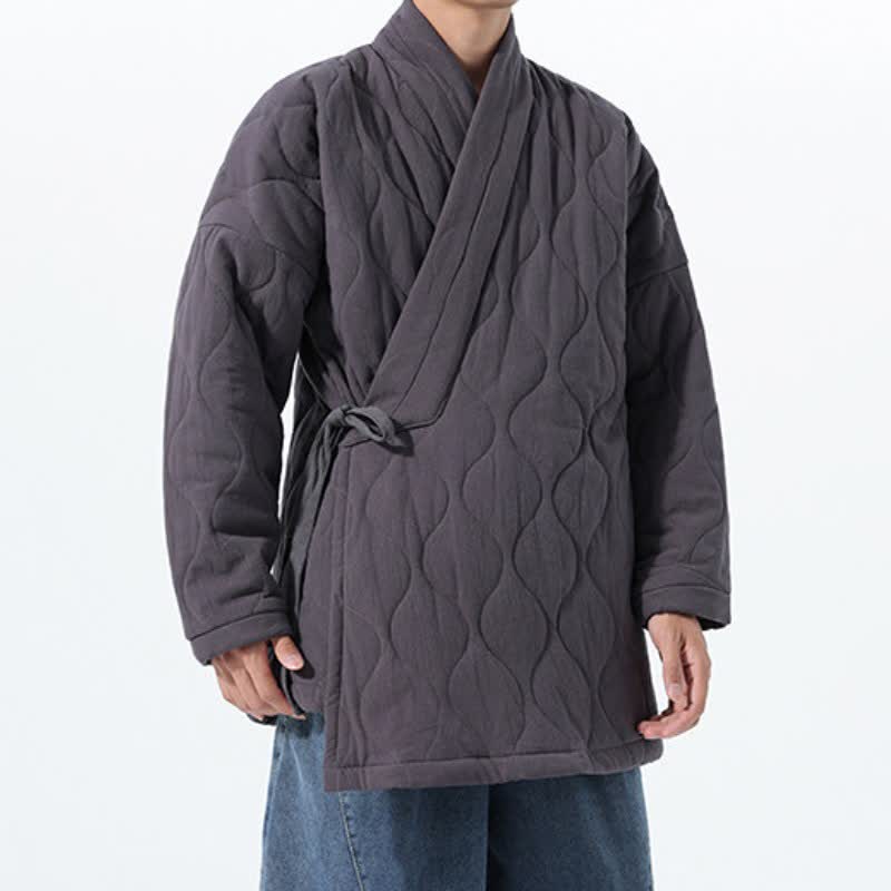 Buddha Stones Kimono de hombre de algodón liso acolchado con cordón ajustable, estilo Tang, para otoño/invierno, con bolsillos. - image 15