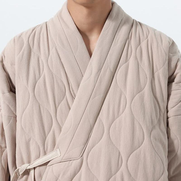 Buddha Stones Kimono de hombre de algodón liso acolchado con cordón ajustable, estilo Tang, para otoño/invierno, con bolsillos. - image 36