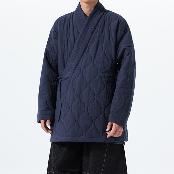Buddha Stones Kimono de hombre de algodón liso acolchado con cordón ajustable, estilo Tang, para otoño/invierno, con bolsillos. - image 2