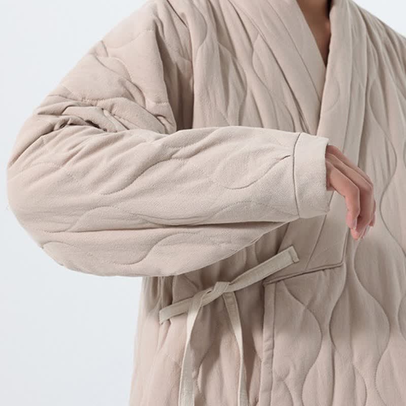 Buddha Stones Kimono de hombre de algodón liso acolchado con cordón ajustable, estilo Tang, para otoño/invierno, con bolsillos. - image 38