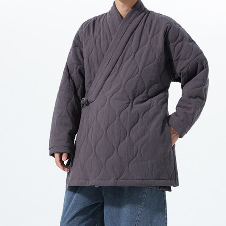Buddha Stones Kimono de hombre de algodón liso acolchado con cordón ajustable, estilo Tang, para otoño/invierno, con bolsillos. - image 16