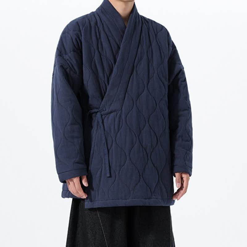 Buddha Stones Kimono de hombre de algodón liso acolchado con cordón ajustable, estilo Tang, para otoño/invierno, con bolsillos. - image 1