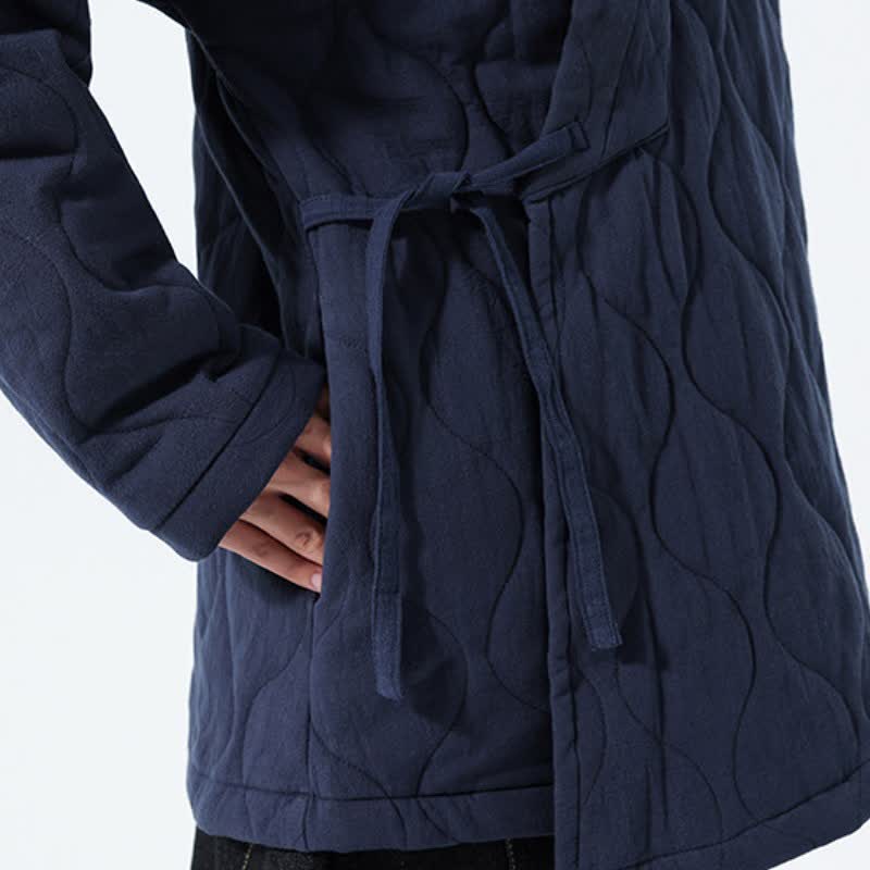Buddha Stones Kimono de hombre de algodón liso acolchado con cordón ajustable, estilo Tang, para otoño/invierno, con bolsillos. - image 12