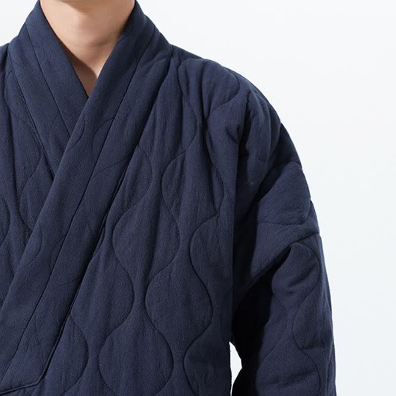 Buddha Stones Kimono de hombre de algodón liso acolchado con cordón ajustable, estilo Tang, para otoño/invierno, con bolsillos. - image 11