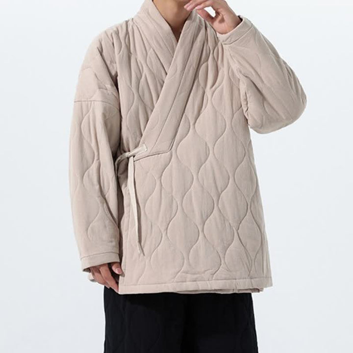Buddha Stones Kimono de hombre de algodón liso acolchado con cordón ajustable, estilo Tang, para otoño/invierno, con bolsillos. - image 30