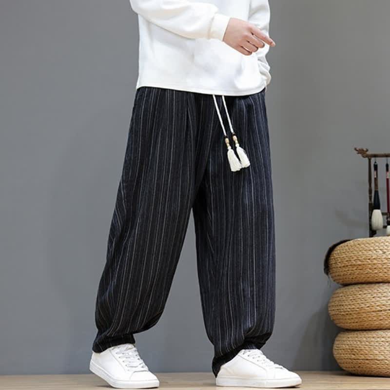 Buddha Stones Pantalones largos de hombre de corte recto con cordón ajustable y rayas, estilo casual de otoño. - image 13