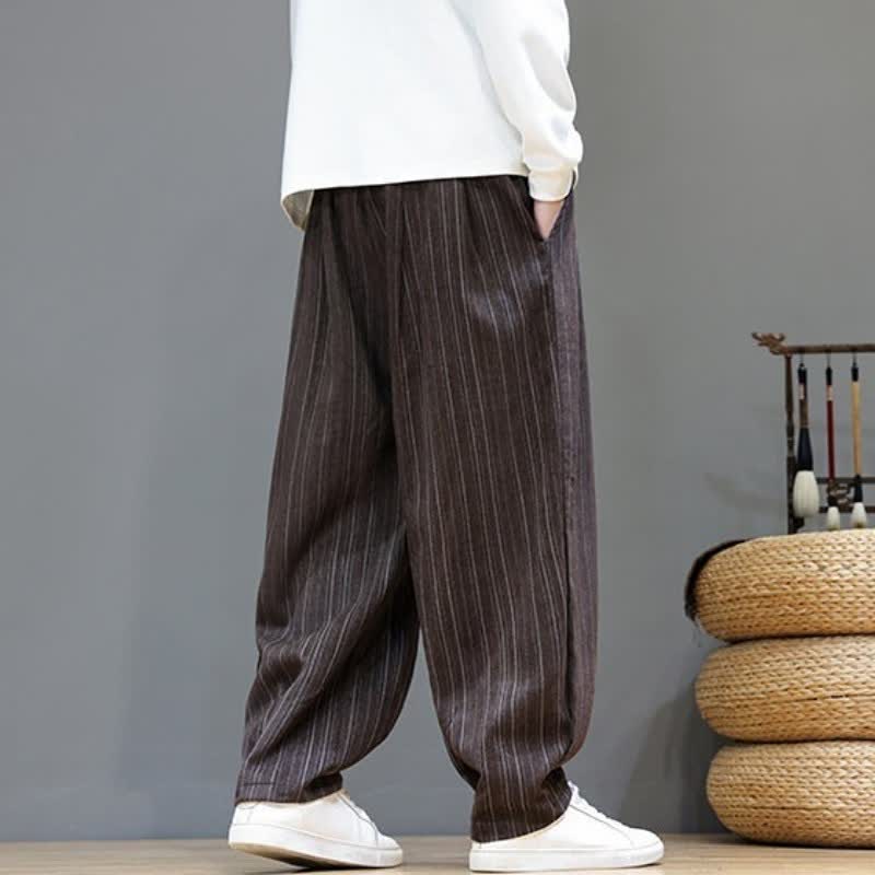 Buddha Stones Pantalones largos de hombre de corte recto con cordón ajustable y rayas, estilo casual de otoño. - image 4