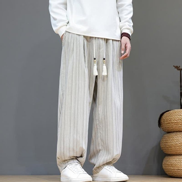 Buddha Stones Pantalones largos de hombre de corte recto con cordón ajustable y rayas, estilo casual de otoño. - image 32