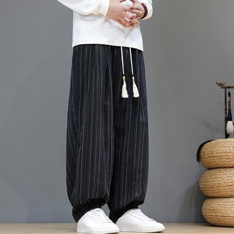 Buddha Stones Pantalones largos de hombre de corte recto con cordón ajustable y rayas, estilo casual de otoño. - image 17