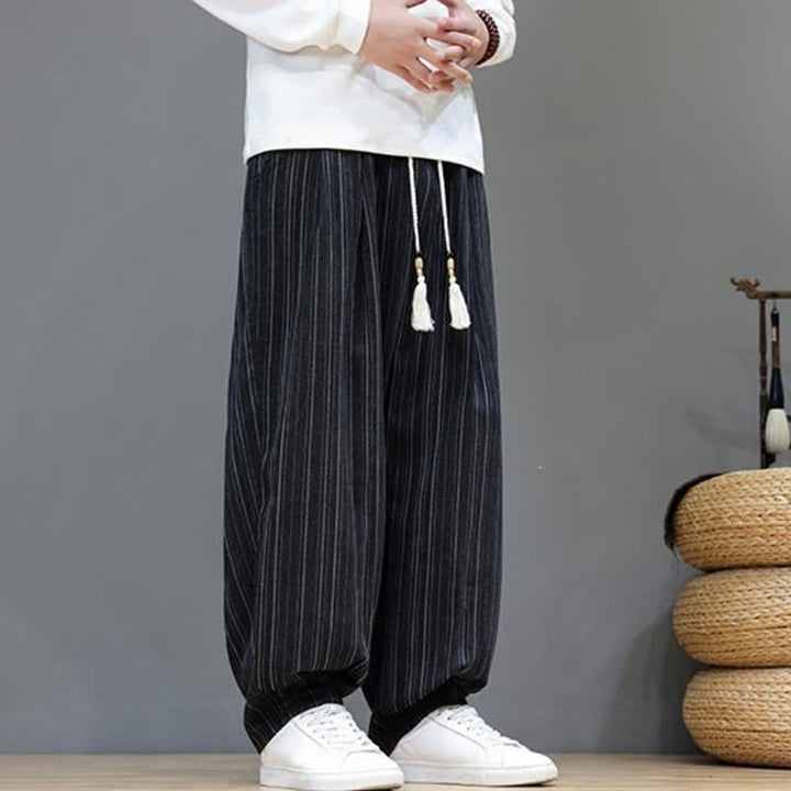 Buddha Stones Pantalones largos de hombre de corte recto con cordón ajustable y rayas, estilo casual de otoño. - image 17