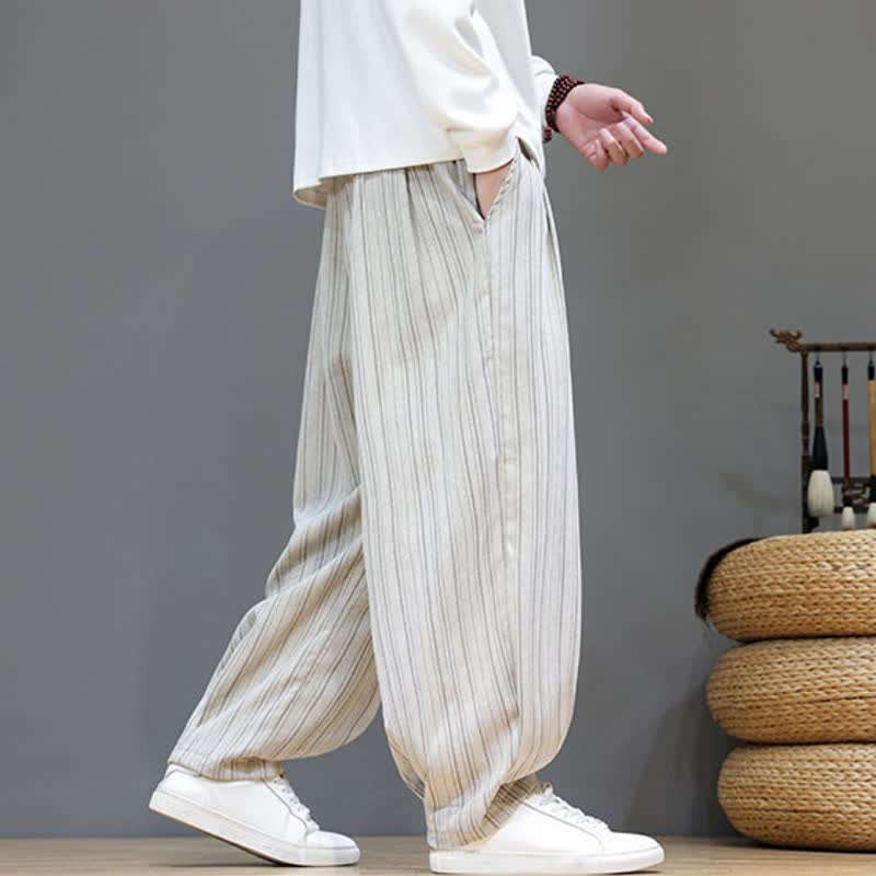 Buddha Stones Pantalones largos de hombre de corte recto con cordón ajustable y rayas, estilo casual de otoño. - image 30