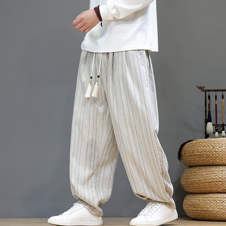 Buddha Stones Pantalones largos de hombre de corte recto con cordón ajustable y rayas, estilo casual de otoño. - image 29