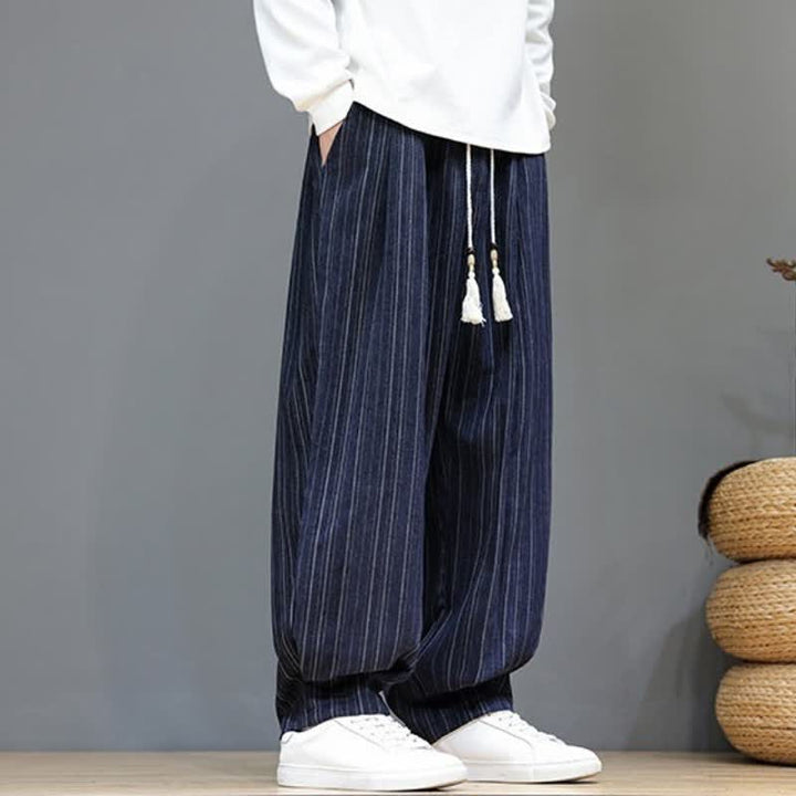Buddha Stones Pantalones largos de hombre de corte recto con cordón ajustable y rayas, estilo casual de otoño. - image 20