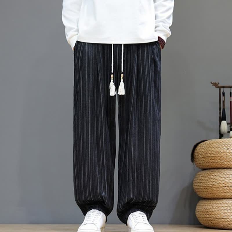 Buddha Stones Pantalones largos de hombre de corte recto con cordón ajustable y rayas, estilo casual de otoño. - image 12