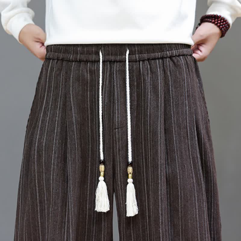 Buddha Stones Pantalones largos de hombre de corte recto con cordón ajustable y rayas, estilo casual de otoño. - image 8