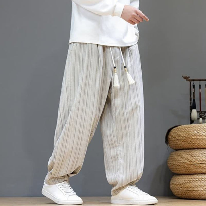 Buddha Stones Pantalones largos de hombre de corte recto con cordón ajustable y rayas, estilo casual de otoño. - image 28