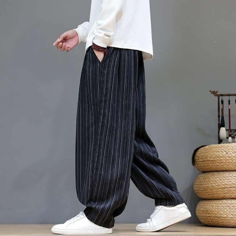 Buddha Stones Pantalones largos de hombre de corte recto con cordón ajustable y rayas, estilo casual de otoño. - image 15