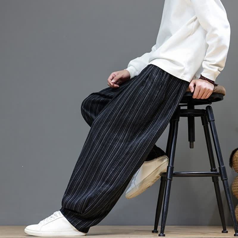 Buddha Stones Pantalones largos de hombre de corte recto con cordón ajustable y rayas, estilo casual de otoño. - image 18