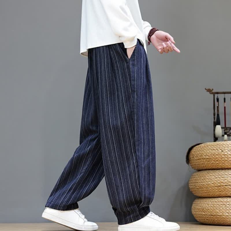 Buddha Stones Pantalones largos de hombre de corte recto con cordón ajustable y rayas, estilo casual de otoño. - image 23
