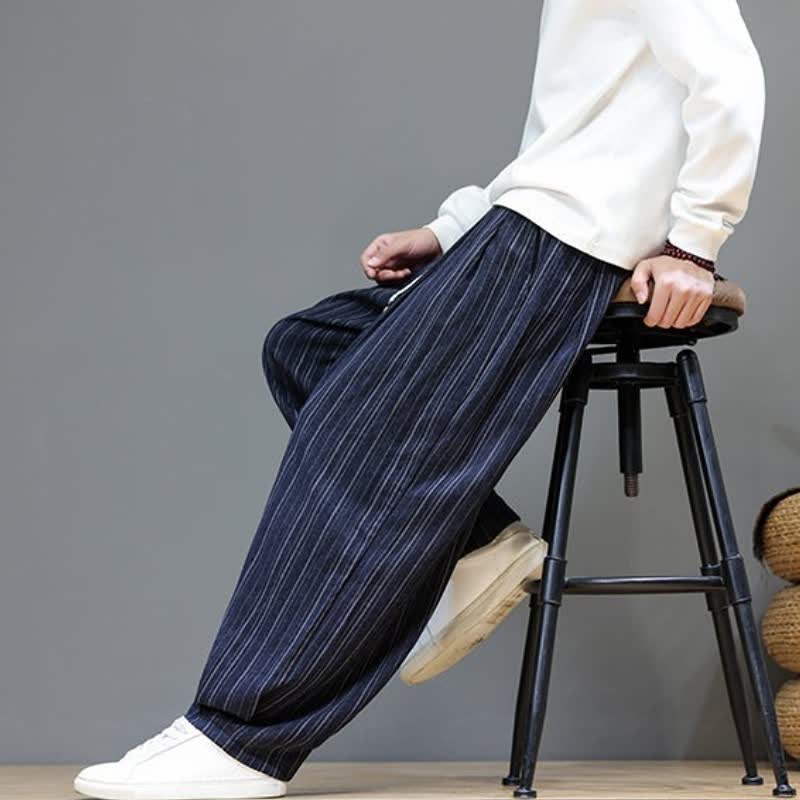 Buddha Stones Pantalones largos de hombre de corte recto con cordón ajustable y rayas, estilo casual de otoño. - image 26