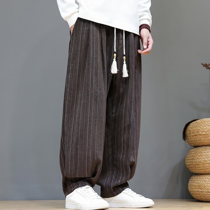 Buddha Stones Pantalones largos de hombre de corte recto con cordón ajustable y rayas, estilo casual de otoño. - image 5