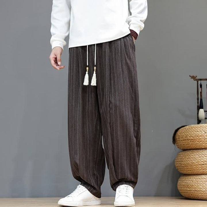 Buddha Stones Pantalones largos de hombre de corte recto con cordón ajustable y rayas, estilo casual de otoño. - image 6