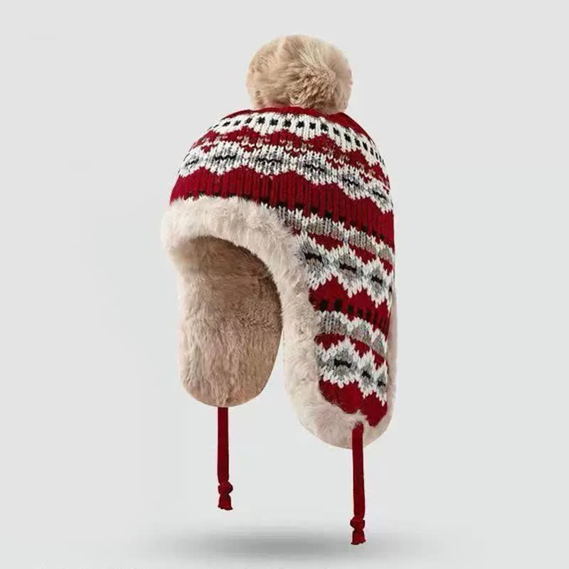 Buddha Stones Gorro de invierno para mujer con forro polar, orejeras y pompón geométrico. - Granate - Talla única (54-60 cm) - image 0