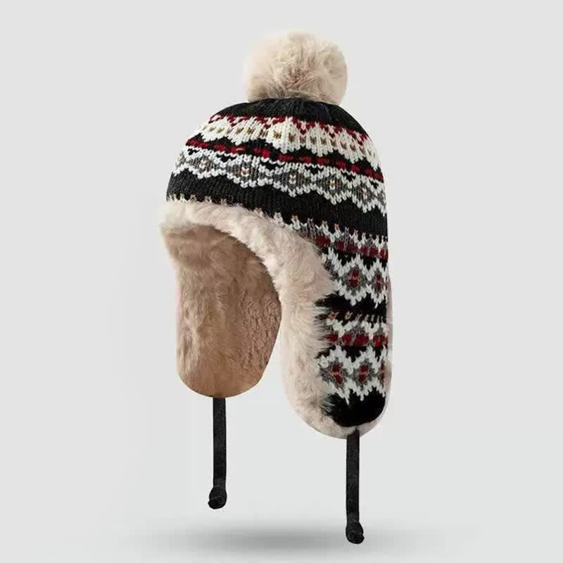 Buddha Stones Gorro de invierno para mujer con forro polar, orejeras y pompón geométrico. - Negro - Talla única (54-60 cm) - image 5