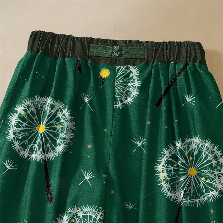 Buddha Stones Pantalones harem de mujer con cintura elástica, bolsillos y estampado de diente de león en algodón puro. - image 2