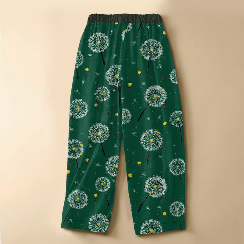 Buddha Stones Pantalones harem de mujer con cintura elástica, bolsillos y estampado de diente de león en algodón puro. - image 1