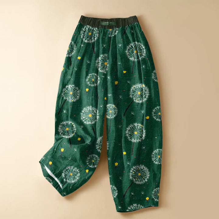Buddha Stones Pantalones harem de mujer con cintura elástica, bolsillos y estampado de diente de león en algodón puro. - Verdemar - US16，UK/AU20，EU48 (3XL) - image 0