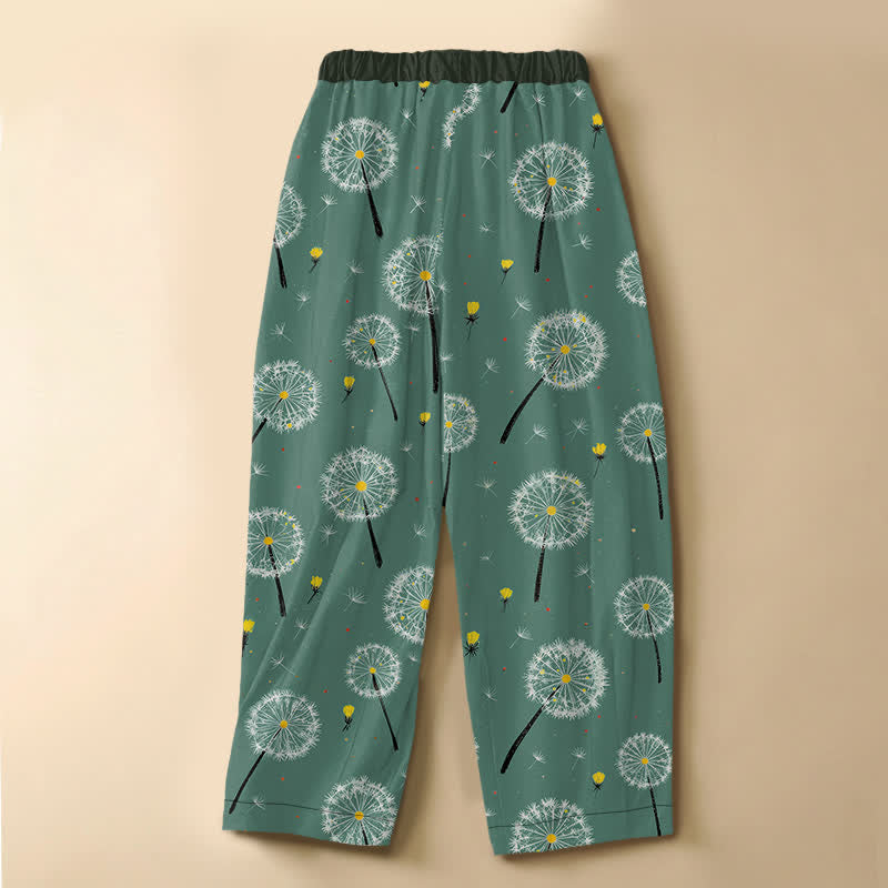 Buddha Stones Pantalones harem de mujer con cintura elástica, bolsillos y estampado de diente de león en algodón puro. - image 6