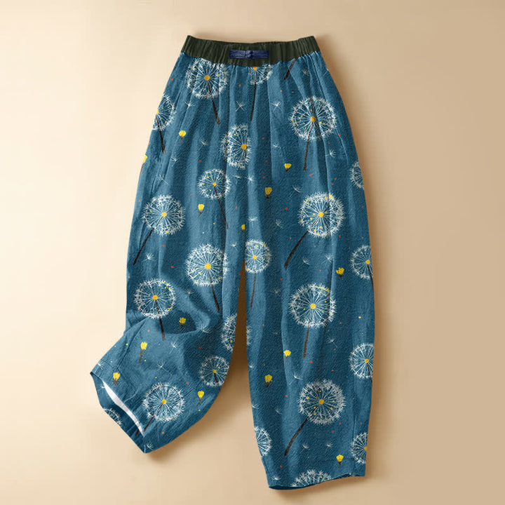 Buddha Stones Pantalones harem de mujer con cintura elástica, bolsillos y estampado de diente de león en algodón puro. - Azul acero - US16，UK/AU20，EU48 (3XL) - image 7