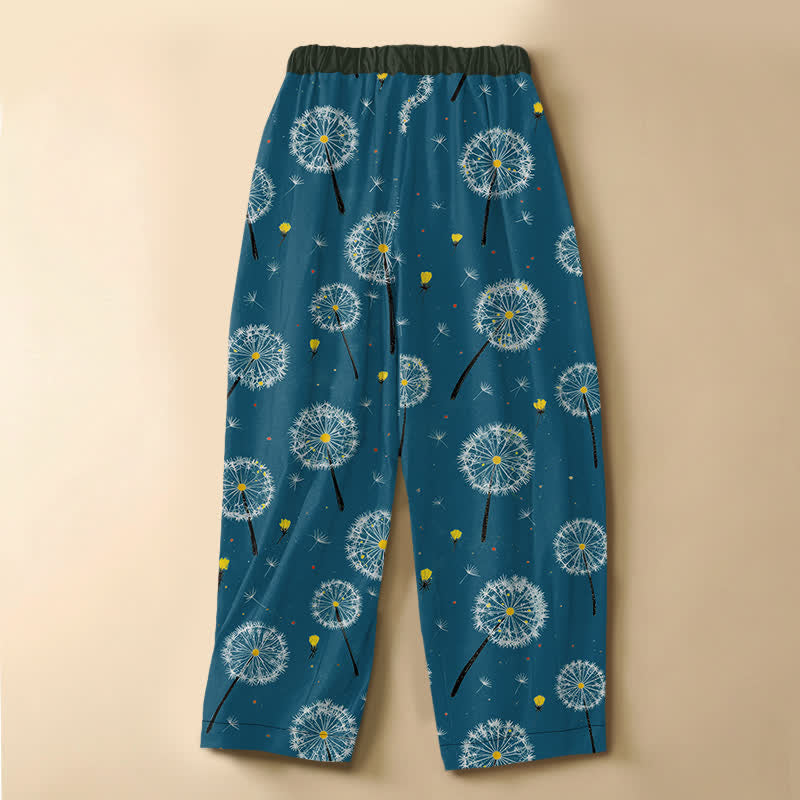 Buddha Stones Pantalones harem de mujer con cintura elástica, bolsillos y estampado de diente de león en algodón puro. - image 8