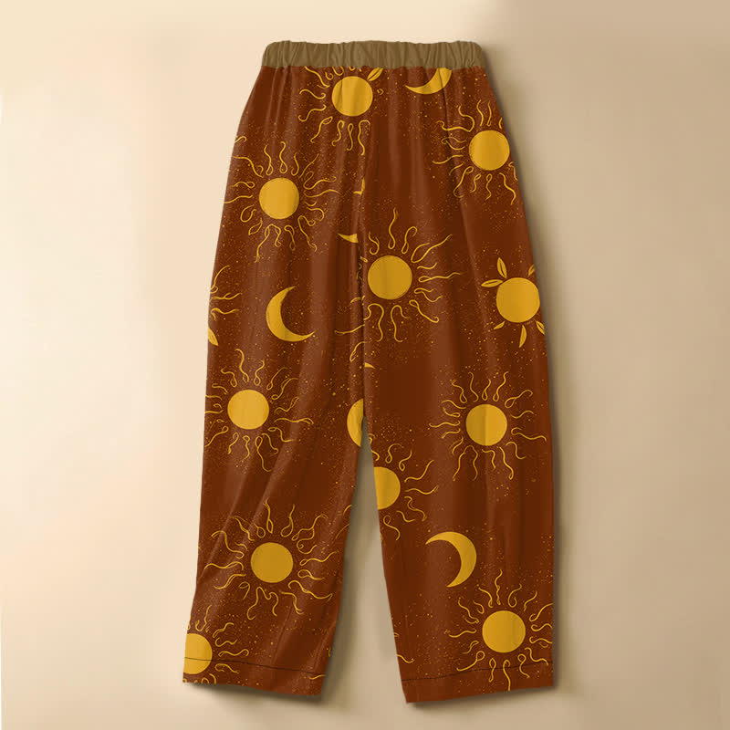 Buddha Stones Pantalones harem de algodón puro con estampado de sol y luna celestial, botones de rana y cintura elástica para mujer con bolsillos. - image 1