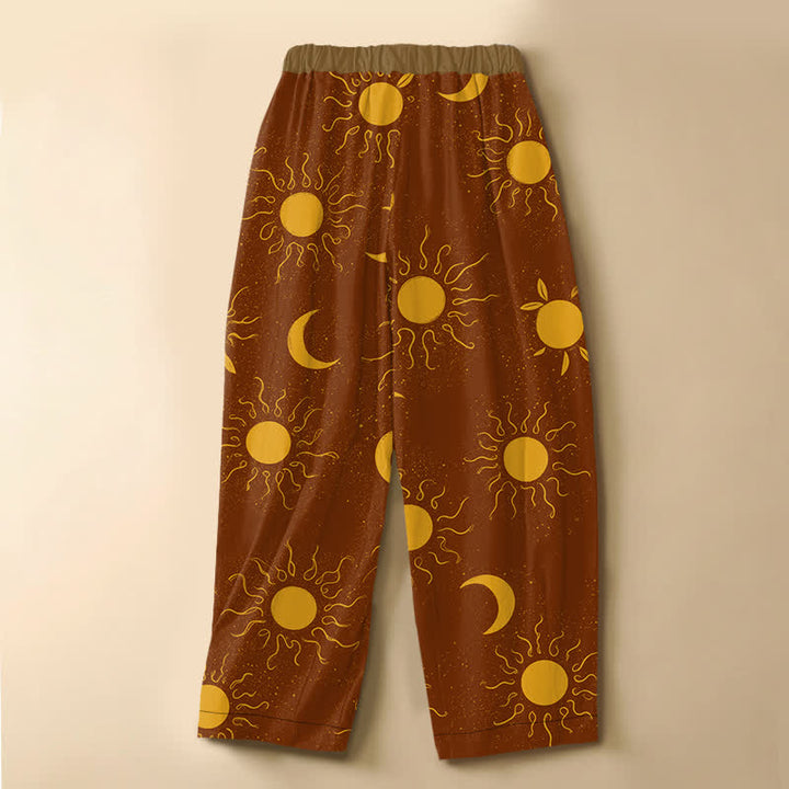 Buddha Stones Pantalones harem de algodón puro con estampado de sol y luna celestial, botones de rana y cintura elástica para mujer con bolsillos. - image 1