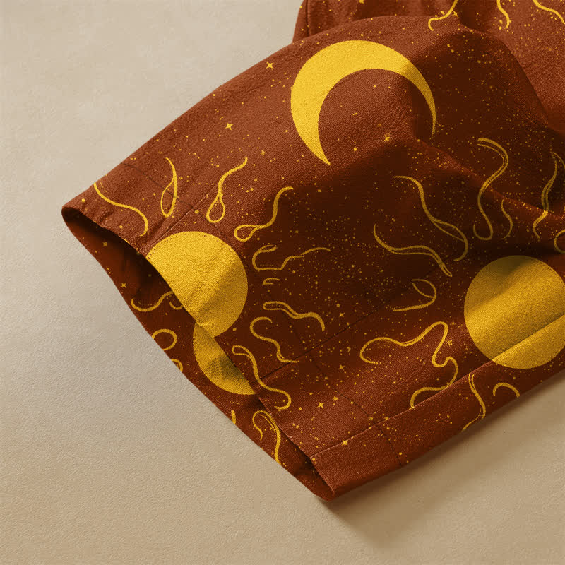 Buddha Stones Pantalones harem de algodón puro con estampado de sol y luna celestial, botones de rana y cintura elástica para mujer con bolsillos. - image 2