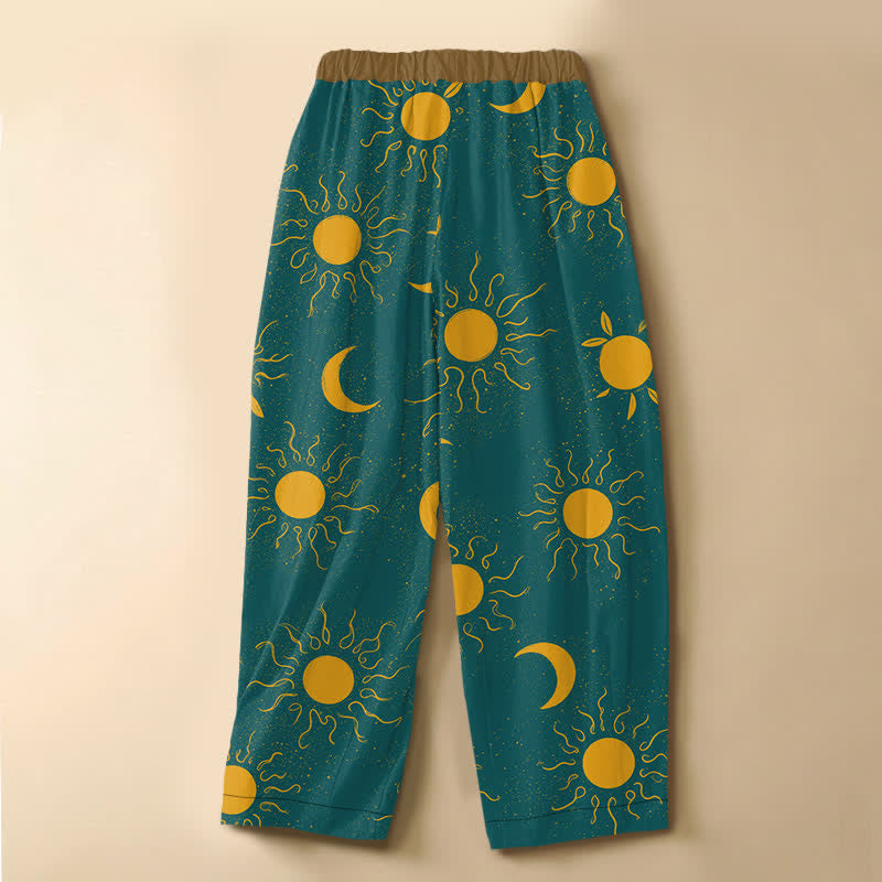 Buddha Stones Pantalones harem de algodón puro con estampado de sol y luna celestial, botones de rana y cintura elástica para mujer con bolsillos. - image 6
