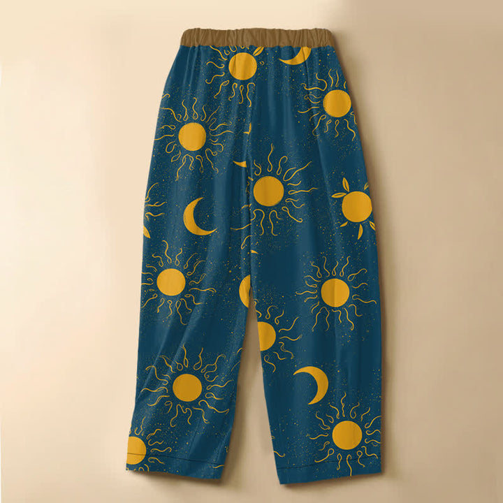 Buddha Stones Pantalones harem de algodón puro con estampado de sol y luna celestial, botones de rana y cintura elástica para mujer con bolsillos. - image 8